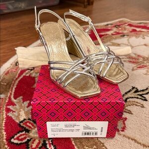 Tory Burch Elegant Silver and Gold Strappy wedge sandals